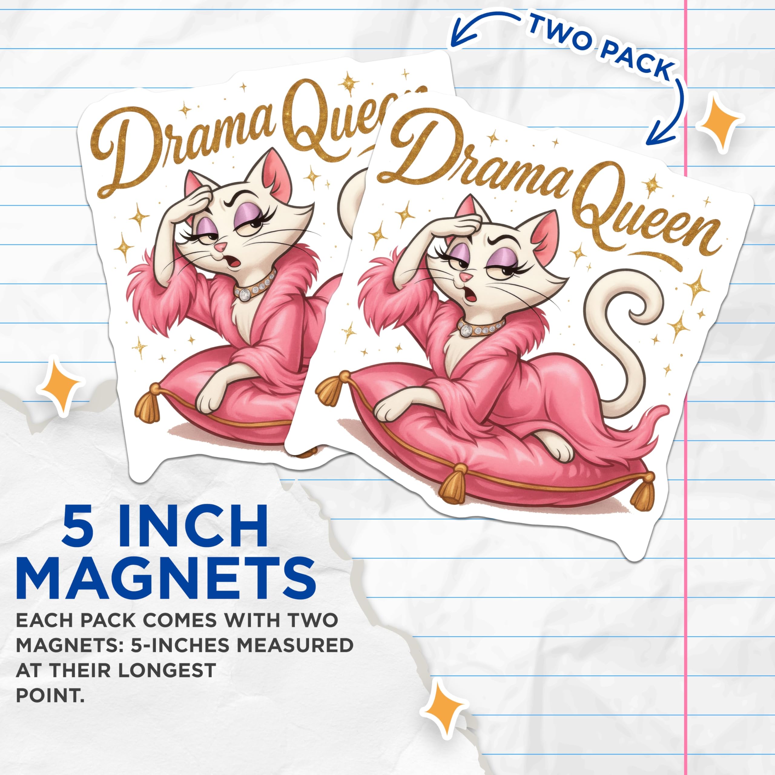 (2 Pack) Drama Queen Cat Magnets - Sassy Feline Refrigerator Decor - Glamorous Pet Kitchen Accessories - 5 Inches On Longest Side - Thick Durable Magnet - Made in USA - MAG22020