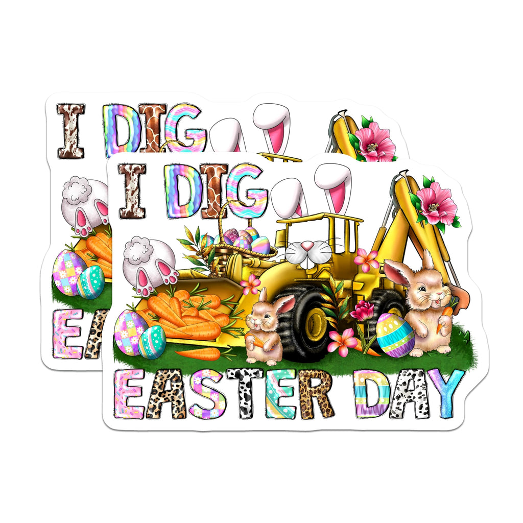 (2 Pack) I Dig Easter Day Backhoe Bunny - Cute Easter Egg Carrot Spring Decor - Construction Theme Refrigerator Magnets - 5 Inches On Longest Side - Thick Durable Magnet - Made in USA - MAG23575