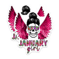 (2 Pack) January Birthday Magnets - Messy Bun Skull Art - Pink Wings Floral Design - Sassy Girl - 5 Inches On Longest Side - Thick Durable Magnet - Made in USA - MAG36660
