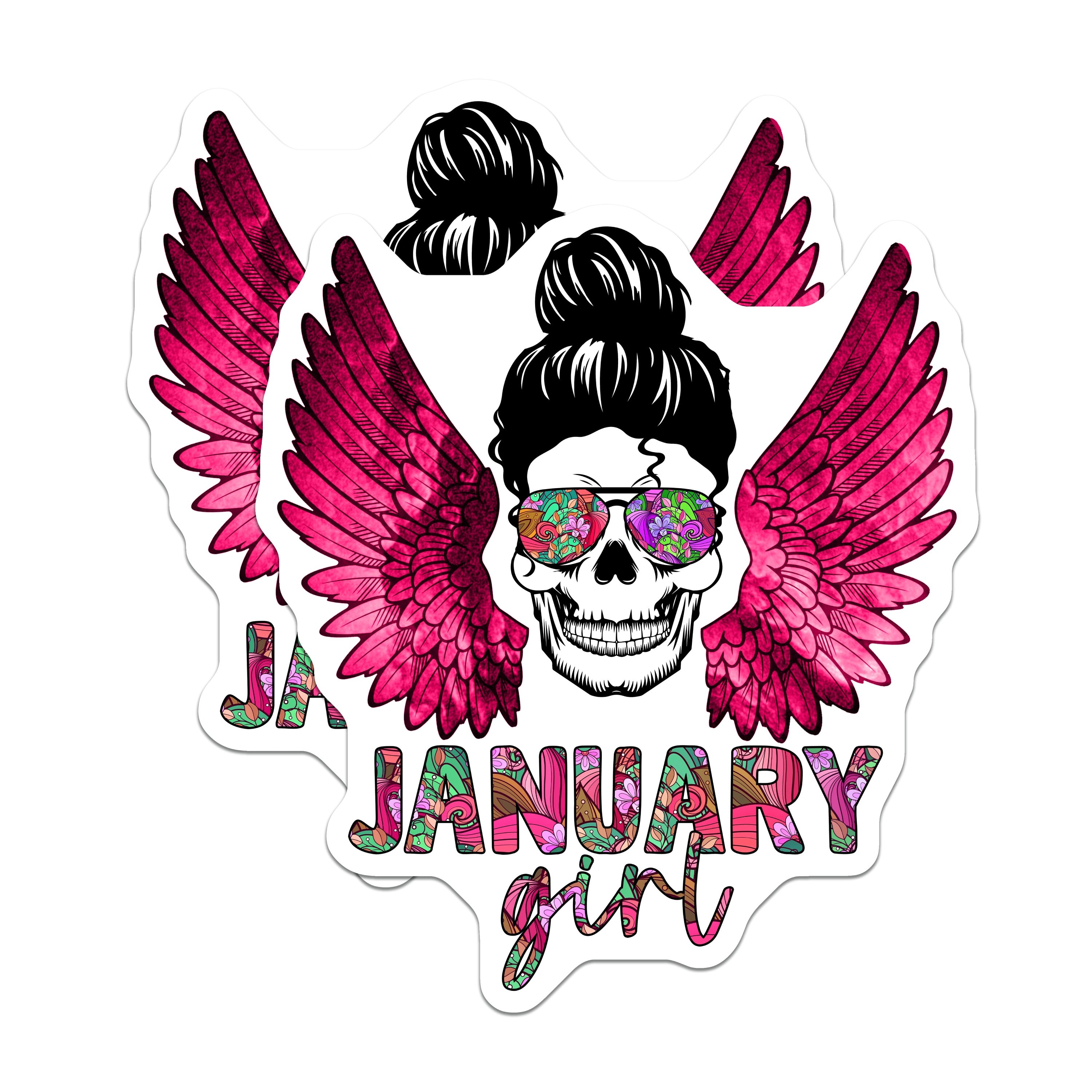 (2 Pack) January Birthday Magnets - Messy Bun Skull Art - Pink Wings Floral Design - Sassy Girl - 5 Inches On Longest Side - Thick Durable Magnet - Made in USA - MAG36660