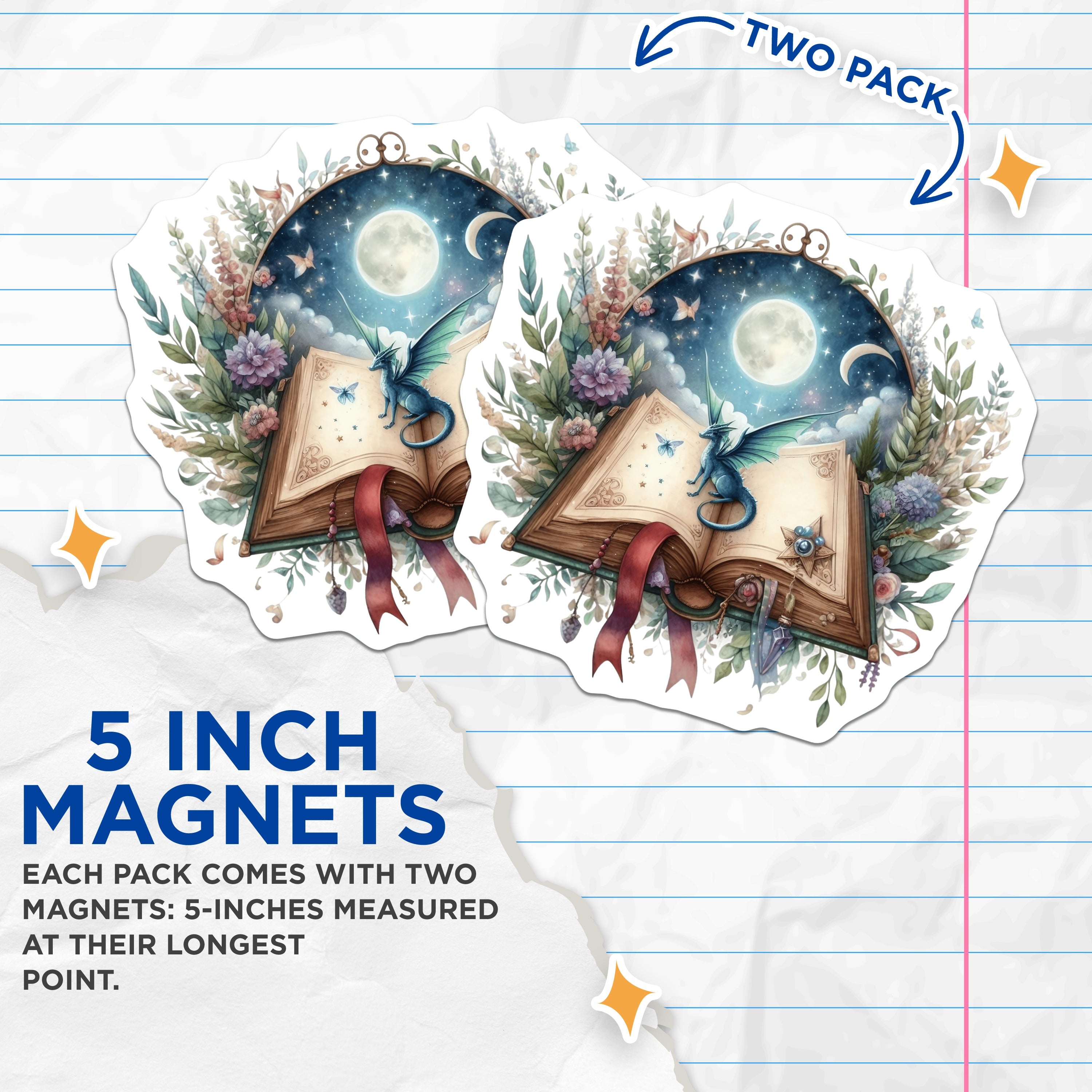 (2 Pack) Fantasy Dragon Magnets - Magical Moon Book Art - Whimsical Reader Fridge Locker Decor - 5 Inches On Longest Side - Thick Durable Magnet - Made in USA - MAG37230
