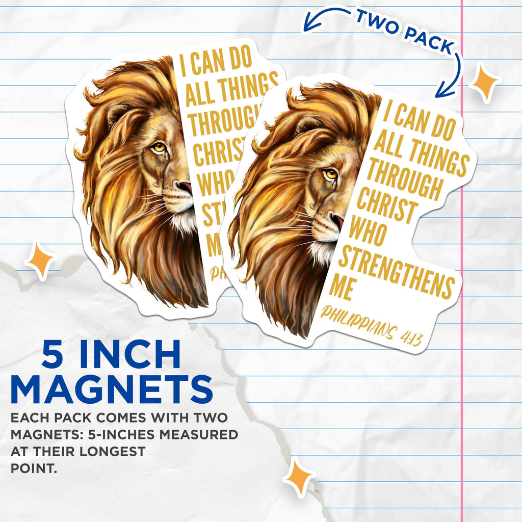 (2 Pack) Christian Lion Magnets - Philippians 4:13 Verse - Spiritual Faith Inspirational Decor - 5 Inches On Longest Side - Thick Durable Magnet - Made in USA - MAG20678
