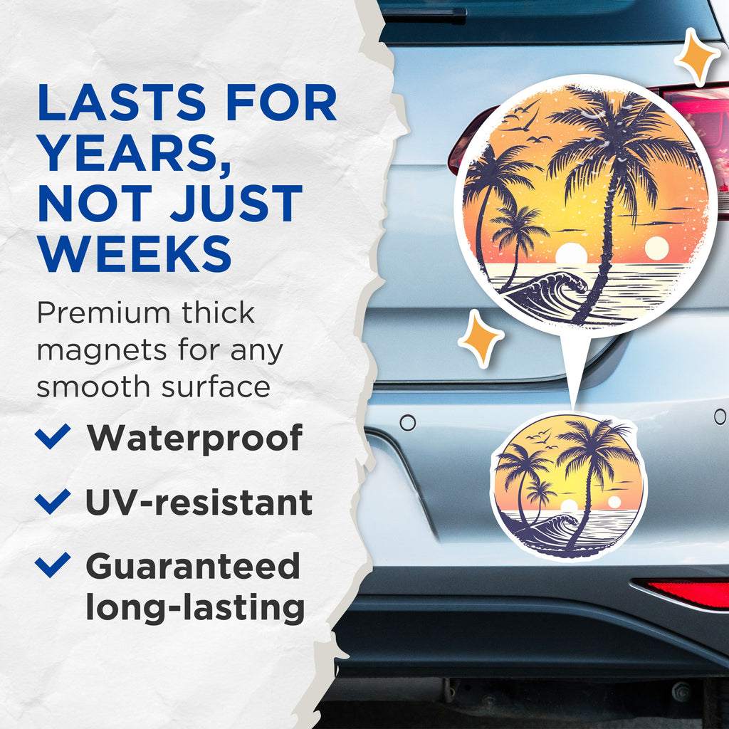 (2 Pack) Sunset Beach Magnets - Tropical Palm Tree Ocean Waves - Retro Beach House Decor - 5 Inches On Longest Side - Thick Durable Magnet - Made in USA - MAG36877
