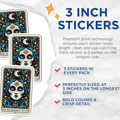 (3 Pack) Necromancy Witch Decals - Tarot Card Stickers - Celestial Art Decals - 3 Inches On Longest Side - Easy Peel & Apply - Made in USA - 3MCS4235