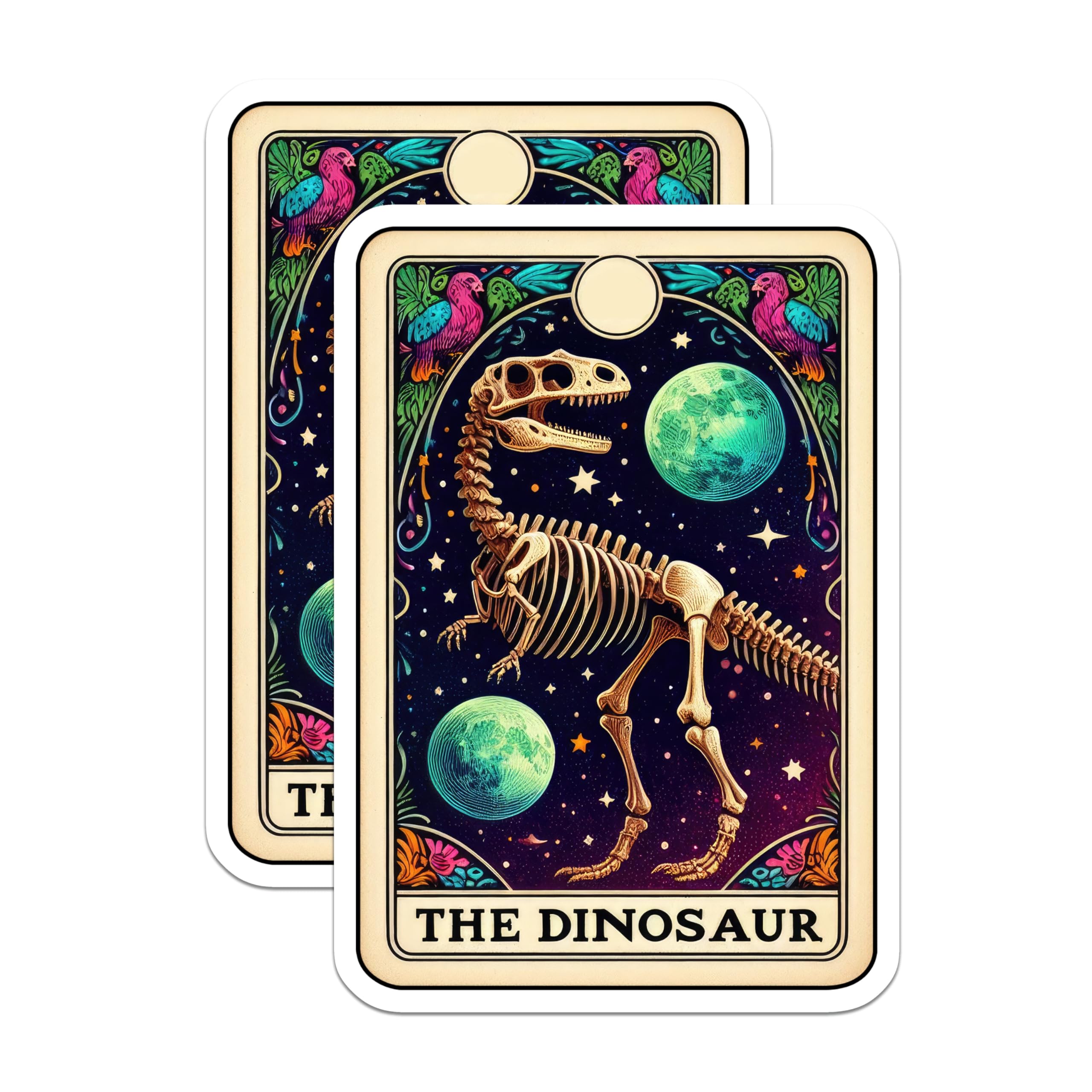 (2 Pack) Dinosaur Skeleton Magnets - Mystical Tarot Art - Cosmic Dino Decor - 5 Inches On Longest Side - Thick Durable Magnet - Made in USA - MAG21906