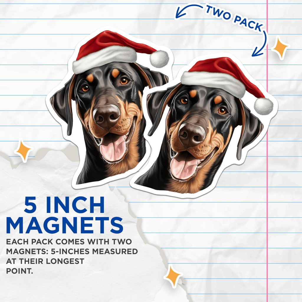(2 Pack) Doberman Magnets - Christmas Dog Decor - Santa Hat Puppy Magnet - Festive Doberman Pinscher Refrigerator - 5 Inches On Longest Side - Thick Durable Magnet - Made in USA - MAG26216