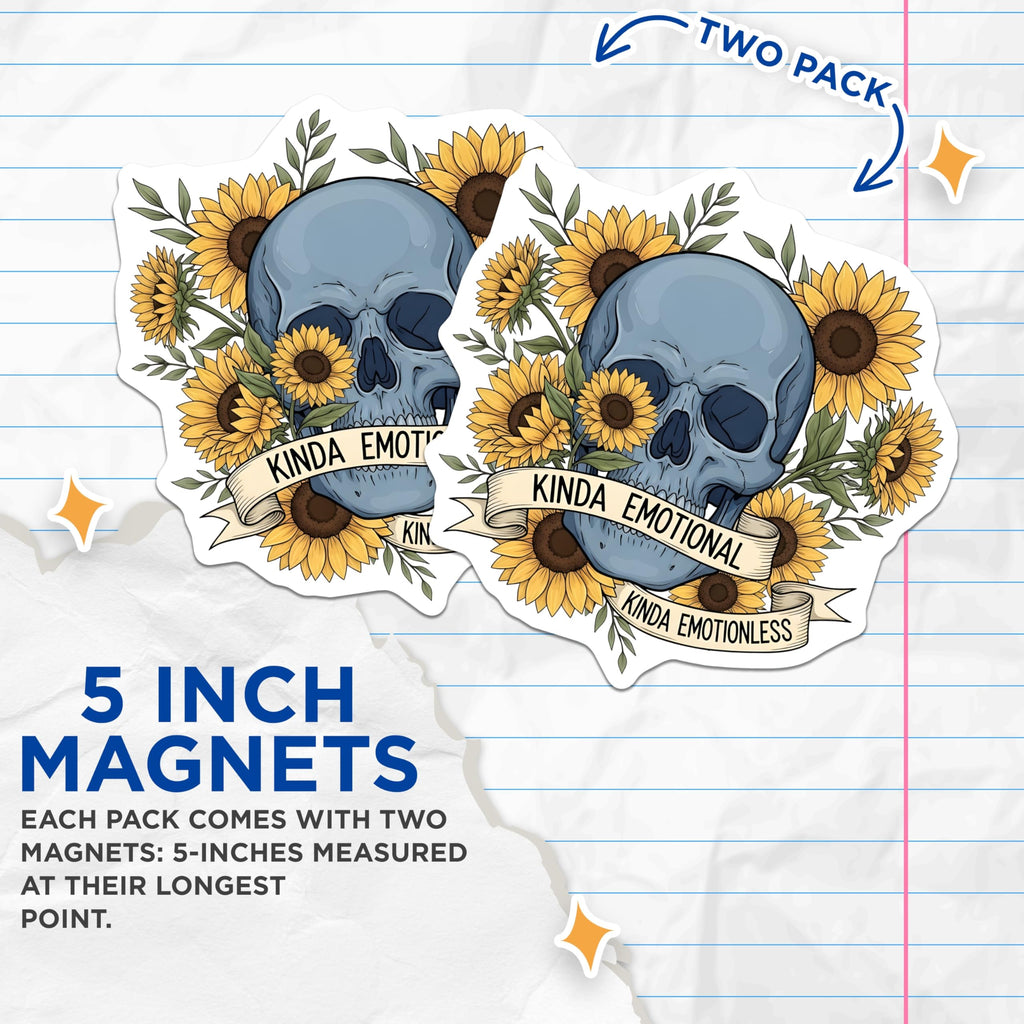 (2 Pack) Skull with Sunflowers Magnets - Kinda Emotional Kinda Emotionless Art - Dark Botanical Fridge Locker Decor - 5 Inches On Longest Side - Thick Durable Magnet - Made in USA - MAG19276