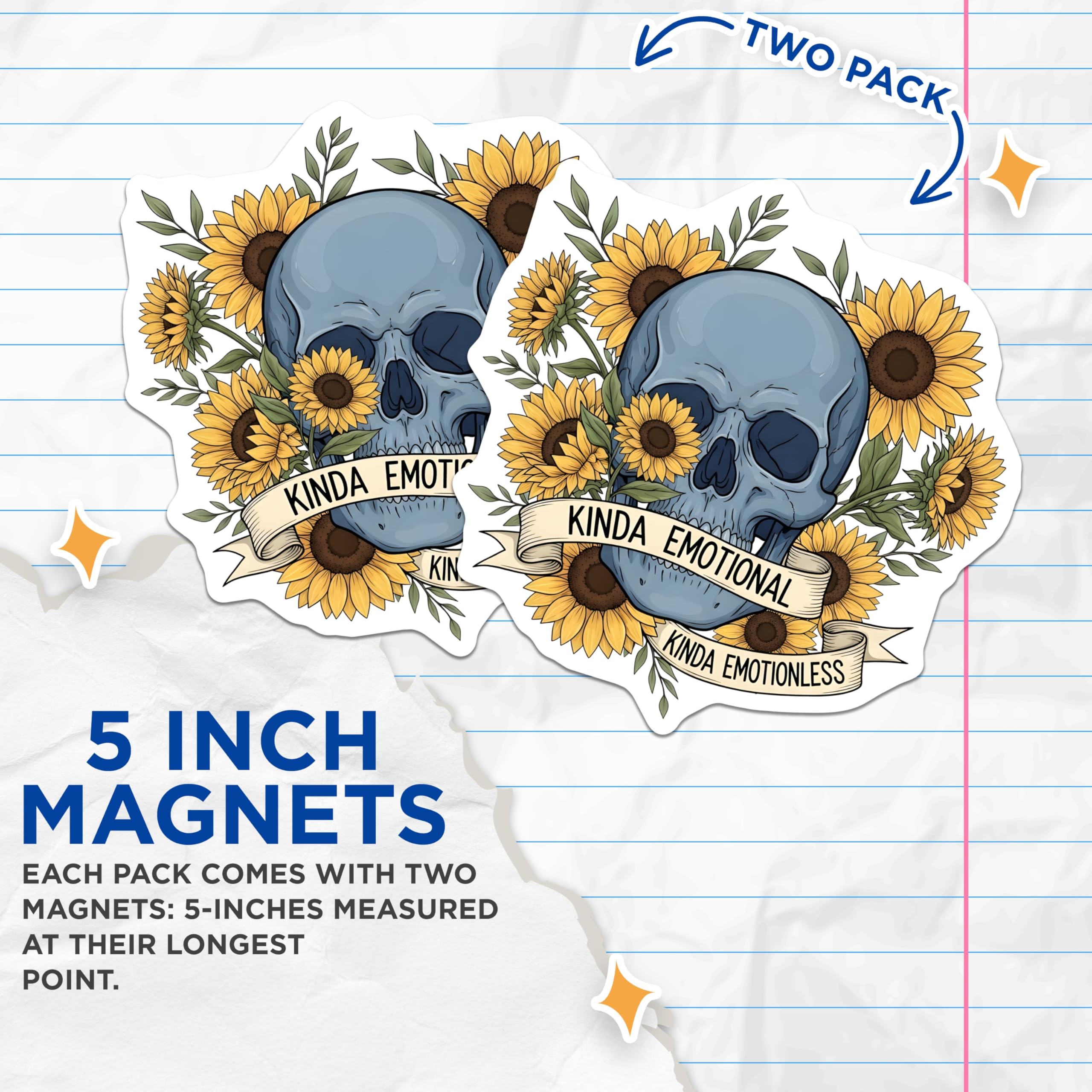 (2 Pack) Skull with Sunflowers Magnets - Kinda Emotional Kinda Emotionless Art - Dark Botanical Fridge Locker Decor - 5 Inches On Longest Side - Thick Durable Magnet - Made in USA - MAG19276