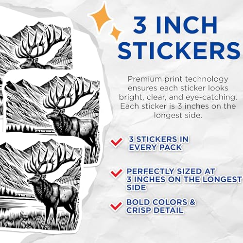 (3 Pack) Elk Decals - Mountain Scene Stickers - Wildlife Laptop Decals - 3 Inches On Longest Side - Easy Peel & Apply - Made in USA - 3MCS4814