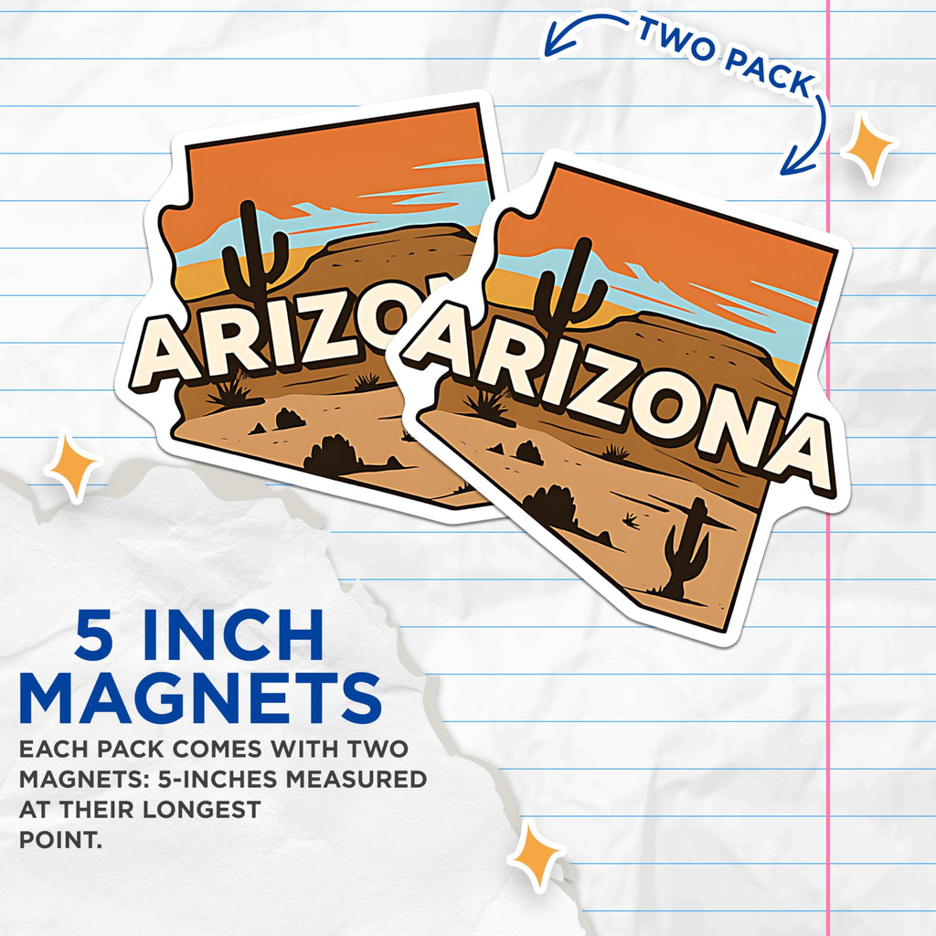(2 Pack) Arizona Desert Magnets - State Map Illustration - Southwest Travel Decor - Cactus Landscape - Fridge Souvenir - 5 Inches On Longest Side - Thick Durable Magnet - Made in USA - MAG19416
