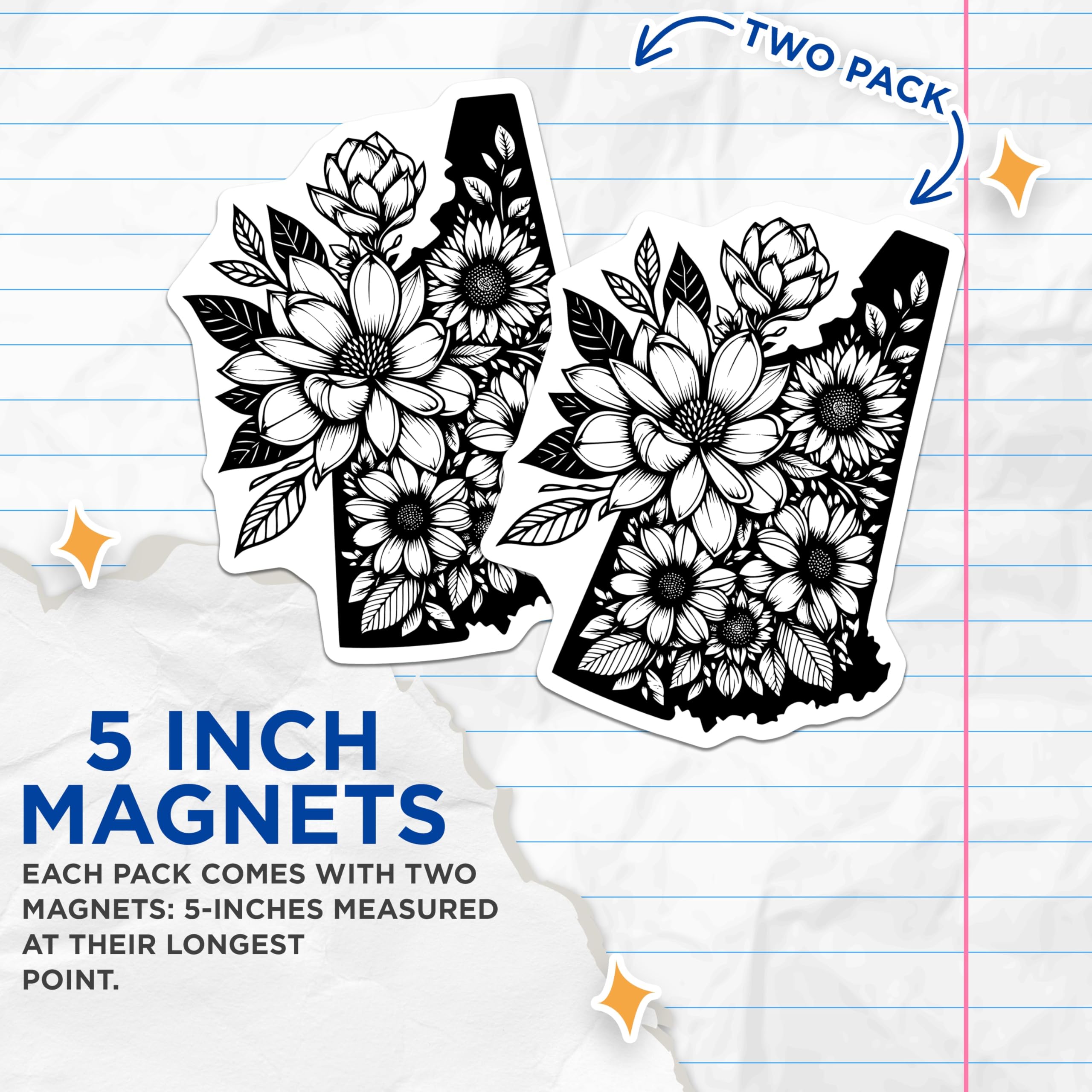 (2 Pack) New Hampshire Floral Magnets - State Map Flower Decor - Sunflowers Magnolia Art - 5 Inches On Longest Side - Thick Durable Magnet - Made in USA - MAG21433