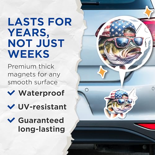 (2 Pack) Funny Fishing Bass Magnets Magnets - Patriotic Hat - Fish with Sunglasses - 5" On Longest Side - Made in USA - Sticks to Refrigerators & Metal Surfaces - MAG8591