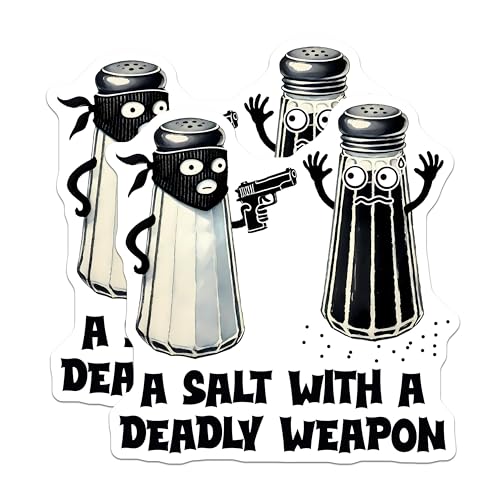 (2 Pack) Funny Pun Stickers - Salt with a Deadly Weapon - Hilarious Kitchen Humor - 5" On Longest Side - Sticks to Smooth Flat Surfaces - Made in USA - BMCS7583
