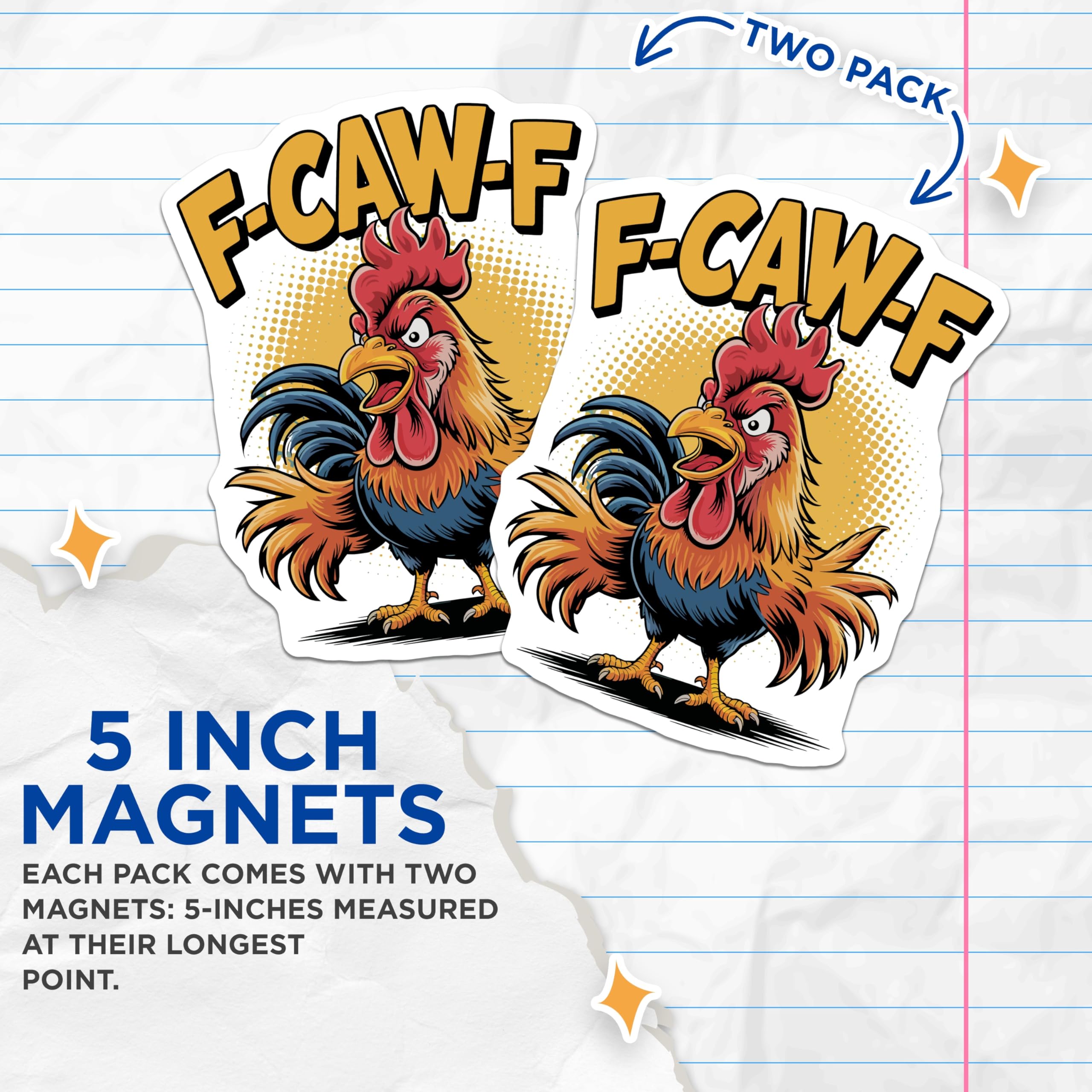 (2 Pack) Funny Rooster Magnets - Cartoon Chicken Meme - F-CAW-F Gag Magnet - 5" On Longest Side - Premium Magnet - for Cars, Refrigerators, Toolboxes, Lockers - Made in USA - MAG15798