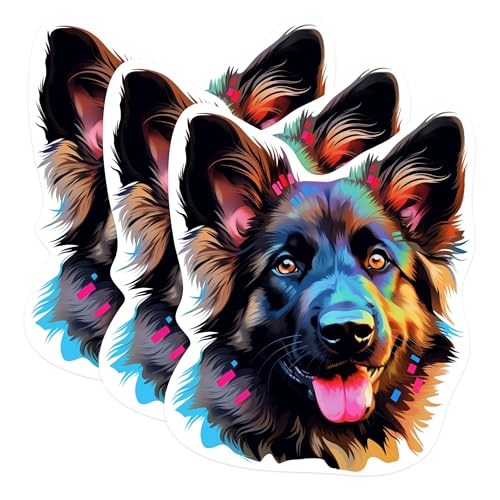 (3 Pack) German Shepherd Decals - Colorful Dog Stickers - Laptop Dog Breed Art - 3 Inches On Longest Side - Easy Peel & Apply - Made in USA - 3MCS0828
