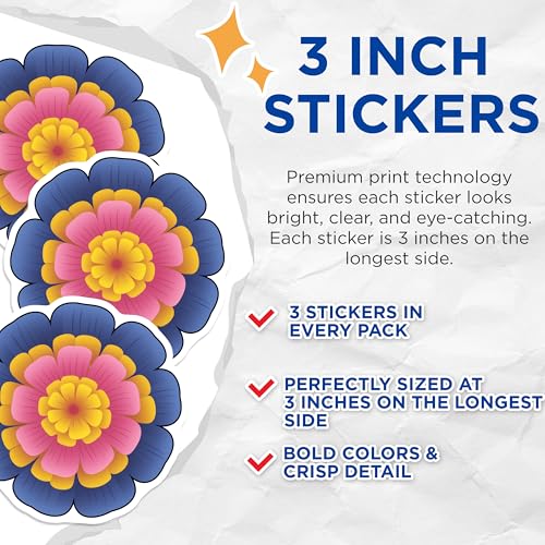 (3 Pack) Floral Decals - Flower Stickers - Colorful Laptop Decals - 3 Inches On Longest Side - Easy Peel & Apply - Made in USA - 3MCS8219