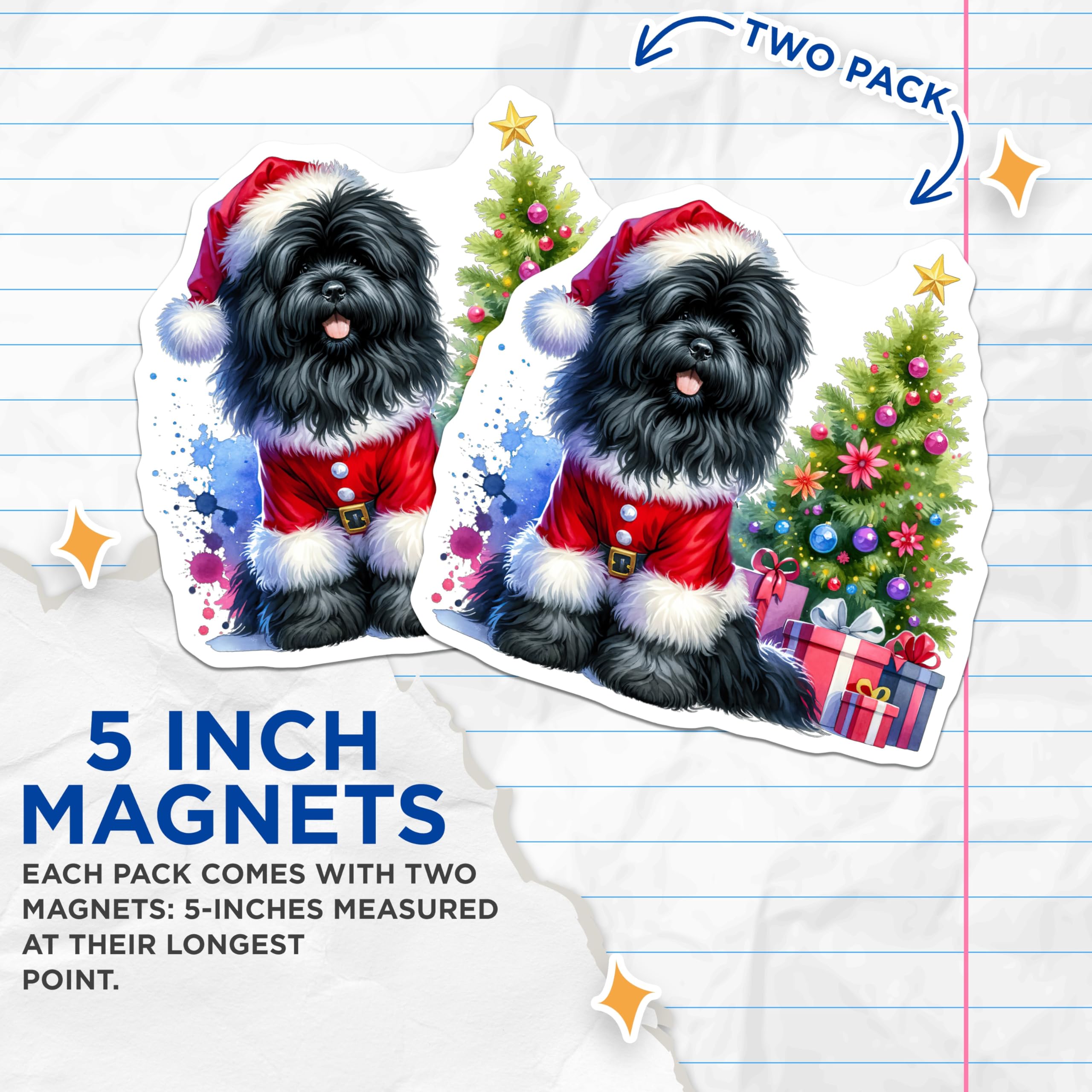 (2 Pack) Black Dog Santa Magnets - Cute Shaggy Dog Christmas Decor - Holiday Pet Lover Present - 5 Inches On Longest Side - Thick Durable Magnet - Made in USA - MAG26359