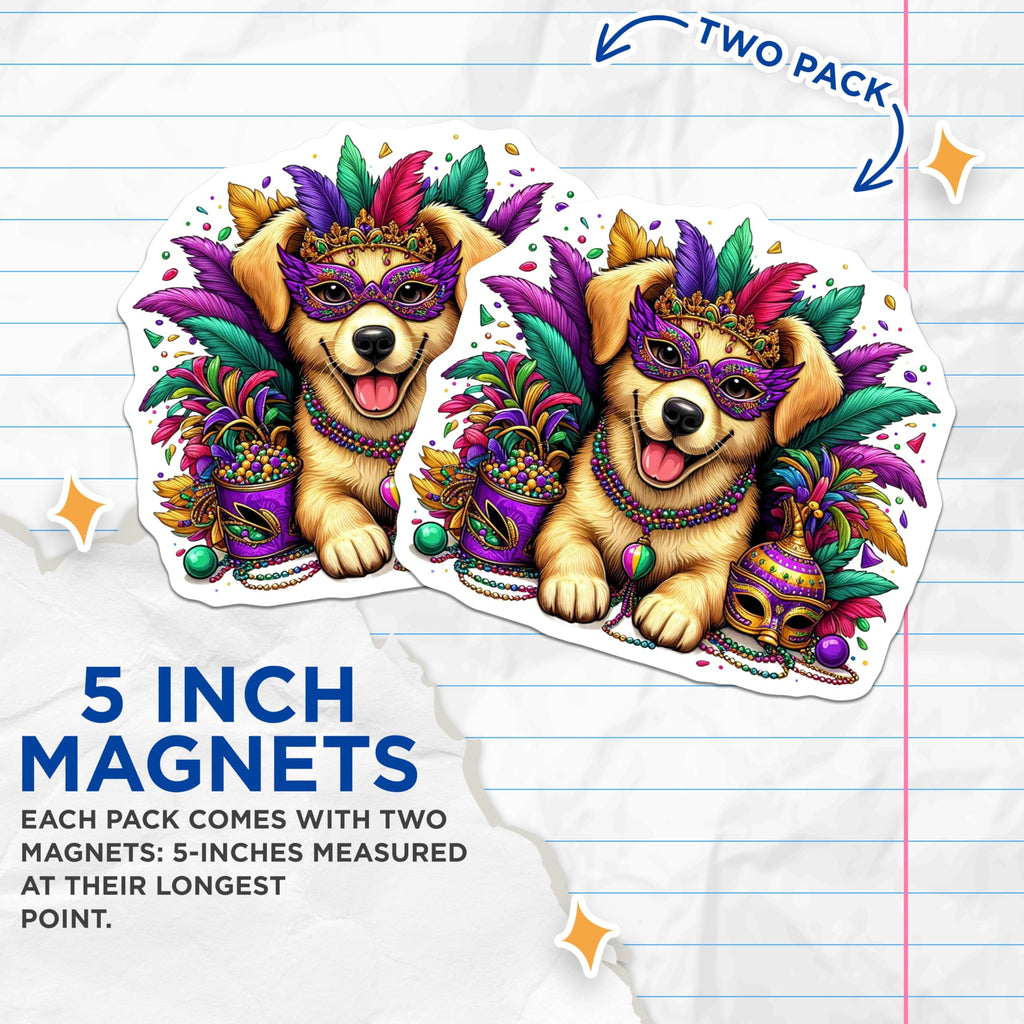 (2 Pack) Mardi Gras Dog Magnets - Festive Canine - Party Decoration - 5" On Longest Side - Premium Magnet - for Cars, Refrigerators, Toolboxes, Lockers - Made in USA - MAG15053