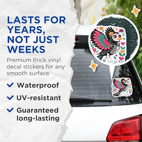 (2 Pack) Sugar Skull Bird Stickers - Day of The Dead Decoration - Colorful Mexican Art - 5" On Longest Side - Sticks to Smooth Flat Surfaces - Made in USA - BMCS9455
