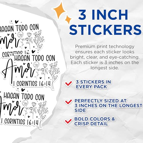 (3 Pack) Hagan TODO CON Amor Decals - Spanish Quote Sticker - Religious Verse Decals - 3 Inches On Longest Side - Easy Peel & Apply - Made in USA - 3MCS1438