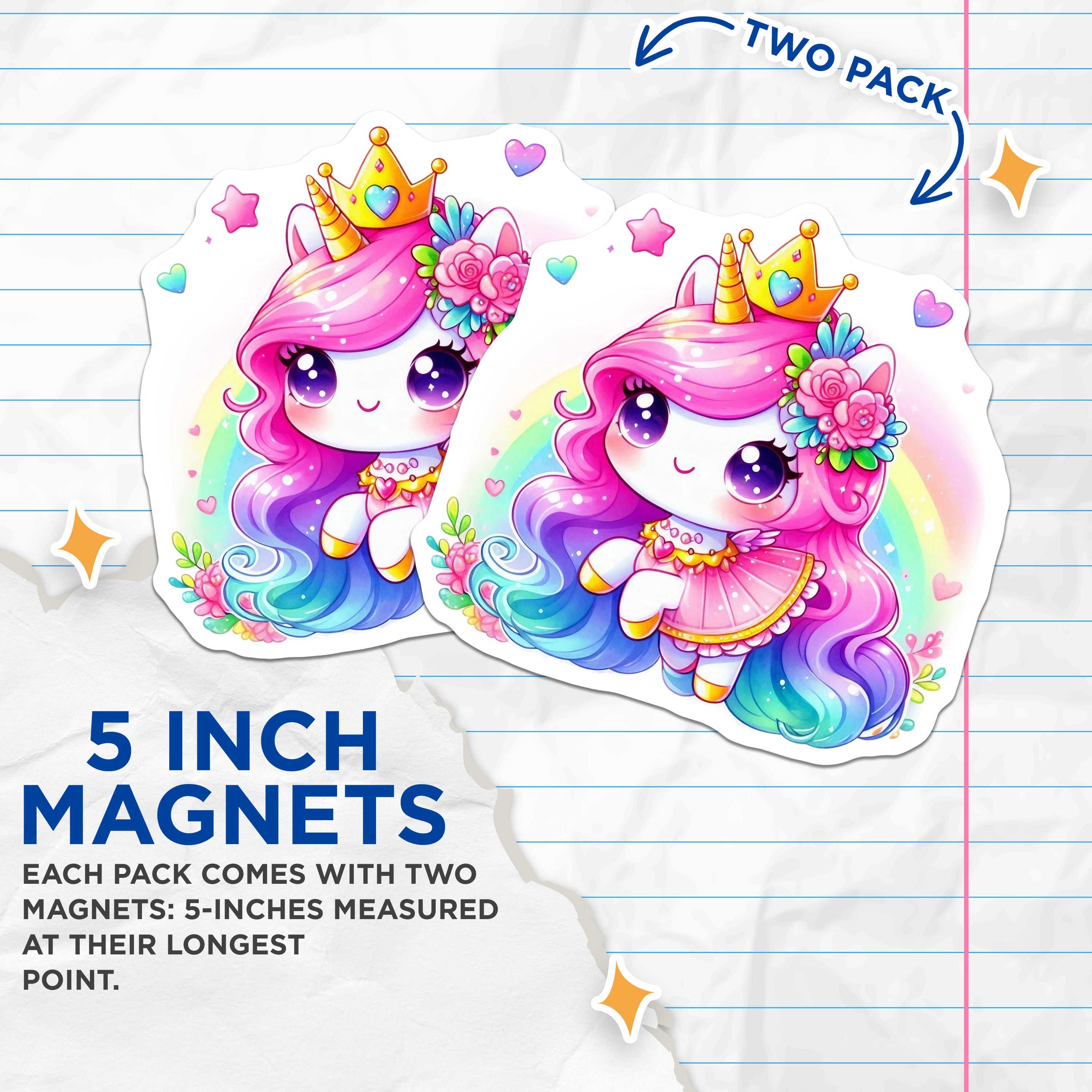 (2 Pack) Kawaii Unicorn Magnets - Cute Rainbow Princess Decor - Magical Fantasy Fridge Accent - 5 Inches On Longest Side - Thick Durable Magnet - Made in USA - MAG36276