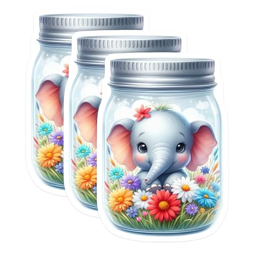 (3 Pack) Elephant in Jar Decals - Cute Animal Art - Floral Design - 3 Inches On Longest Side - Easy Peel & Apply - Made in USA - 3MCS8115