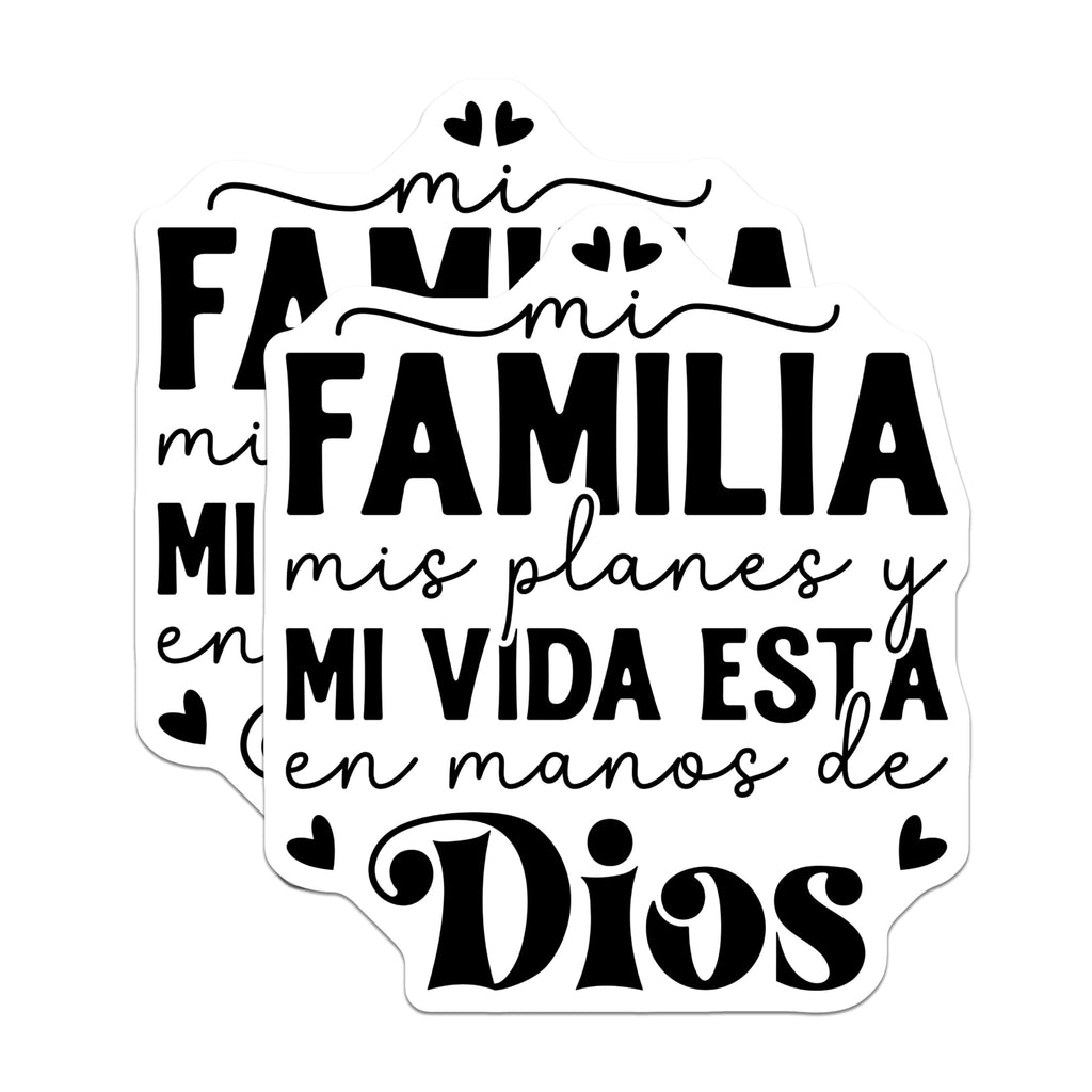 (2 Pack) Mi Familia Stickers - Mis Planes Stickers - Mi Vida Esta En Manos De Dios Stickers - 5" On Longest Side - Sticks to Smooth Flat Surfaces - Made in USA - BMCS3867