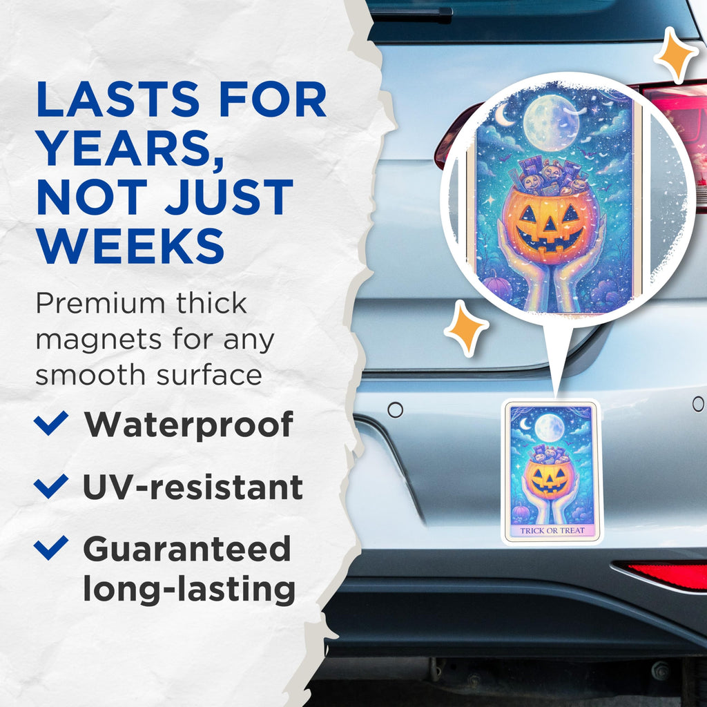 (2 Pack) Halloween Magnets - Trick or Treat Pumpkin Bucket - Full Moon Night Sky Art - Spooky Autumn Fridge Decor - 5 Inches On Longest Side - Thick Durable Magnet - Made in USA - MAG21598