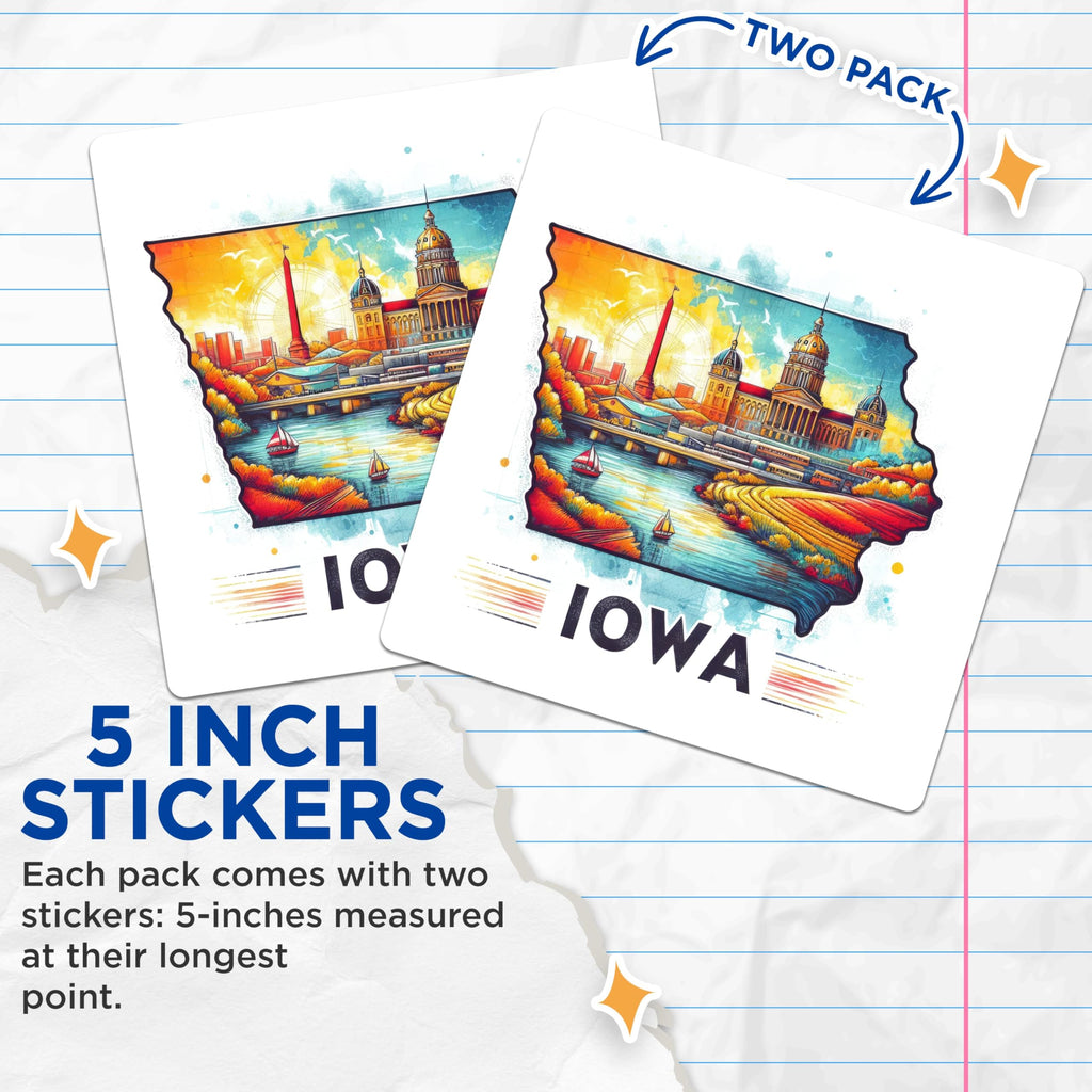 (2 Pack) Iowa Map Illustrative Stickers - State Pride Stickers - Colorful Travel Stickers - 5" On Longest Side - Sticks to Smooth Flat Surfaces - Made in USA - BMCS5112