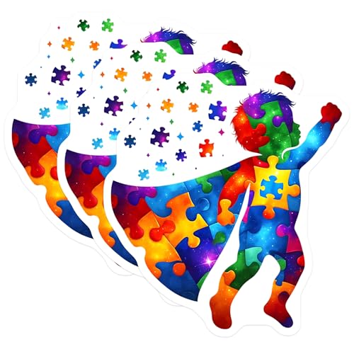 (3 Pack) Autism Awareness Decals - Puzzle Piece Superhero - Neurodiversity Support - 3 Inches On Longest Side - Easy Peel & Apply - Made in USA - 3MCS6652