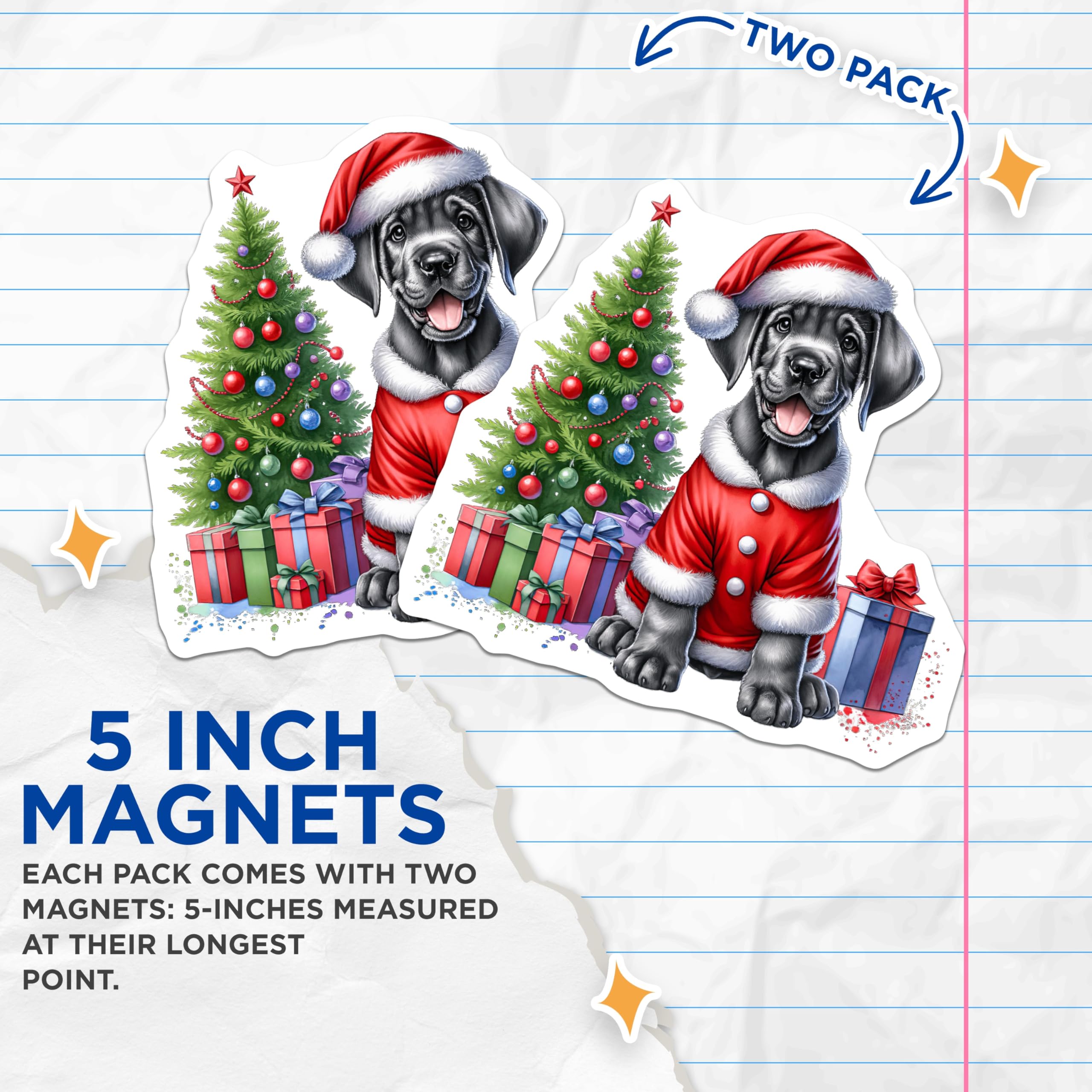 (2 Pack) Christmas Great Dane Magnets - Santa Puppy Holiday Decor - Pet Lover Animal Magnet - 5 Inches On Longest Side - Thick Durable Magnet - Made in USA - MAG28324