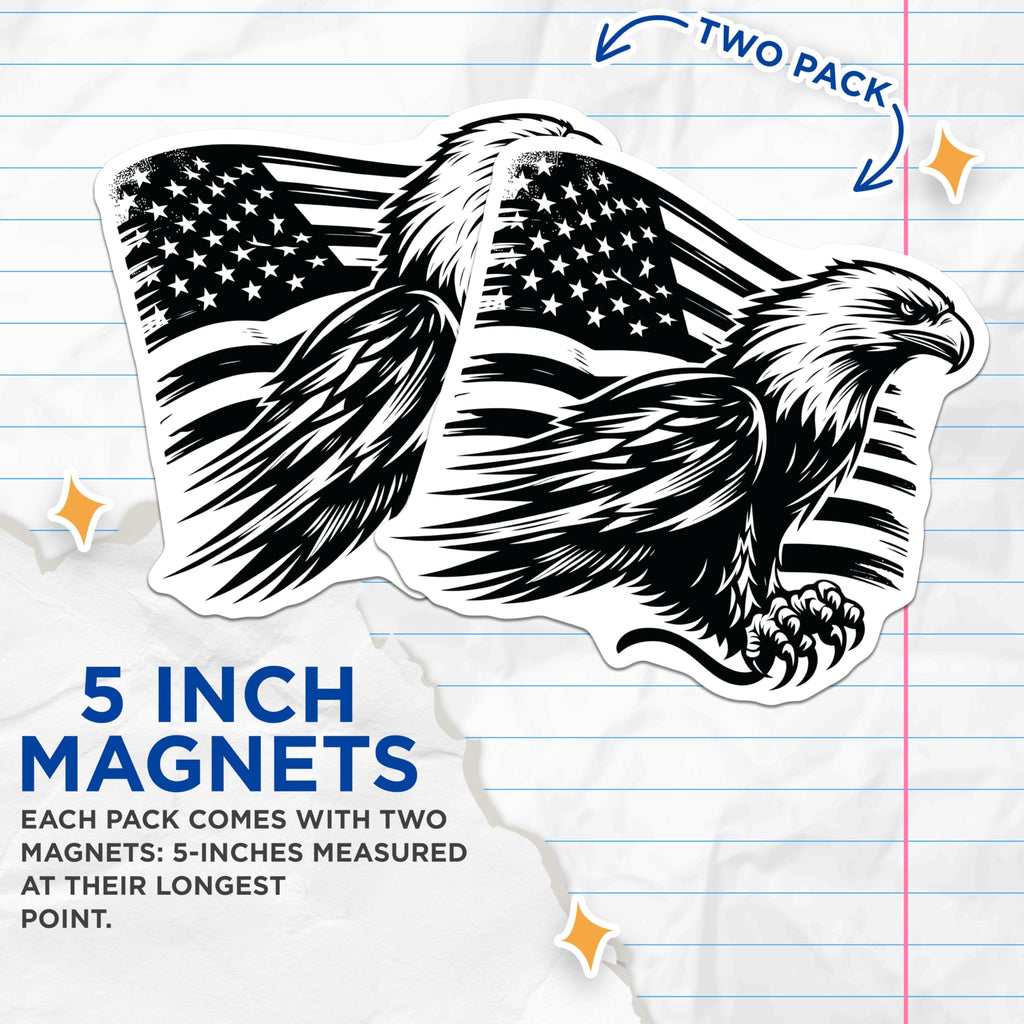 (2 Pack) Bald Eagle Flag Magnets - American Flag Patriotic - Bird Fridge Decor - 5" On Longest Side - Premium Magnet - for Cars, Refrigerators, Toolboxes, Lockers - Made in USA - MAG16666