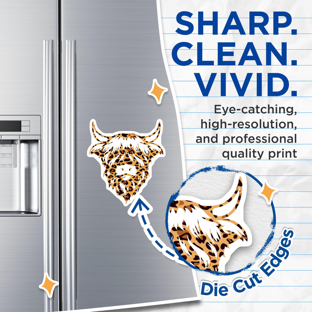 (2 Pack) Highland Cow Magnets - Leopard Print Animal Decor - Rustic Farmhouse Refrigerator Art - 5 Inches On Longest Side - Thick Durable Magnet - Made in USA - MAG19453