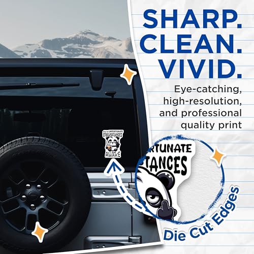 (2 Pack) Due to Unfortunate Circumstances I Am Awake Stickers - Funny Panda Stickers - Coffee Lover Stickers - 5" On Longest Side - Sticks to Smooth Flat Surfaces - Made in USA - BMCS5658