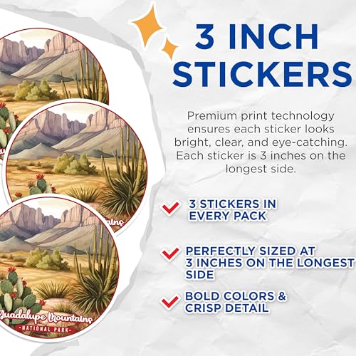 (3 Pack) Guadalupe Mountains Decals - National Park Souvenir - Desert Landscape - 3 Inches On Longest Side - Easy Peel & Apply - Made in USA - 3MCS0469