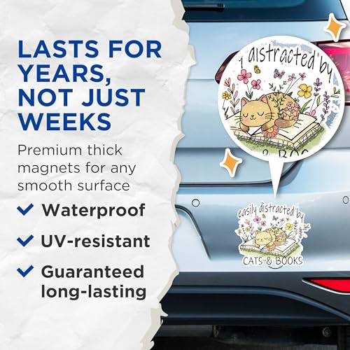 (2 Pack) Easily Distracted by Cats and Books Magnets - Funny Cat Lover Magnets - Book Reader Magnets- 5" On Longest Side - for Fridges, Toolboxes, Cars - Made in USA - MAG2872