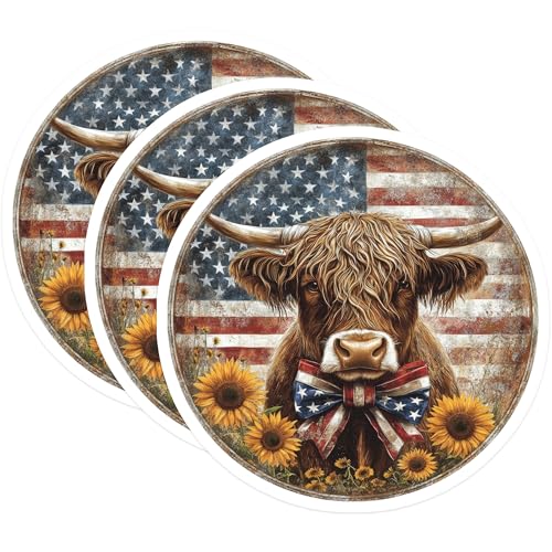 (3 Pack) Highland Cow Decals - American Flag Art - Patriotic Laptop Decal - 3 Inches On Longest Side - Easy Peel & Apply - Made in USA - 3MCS0044