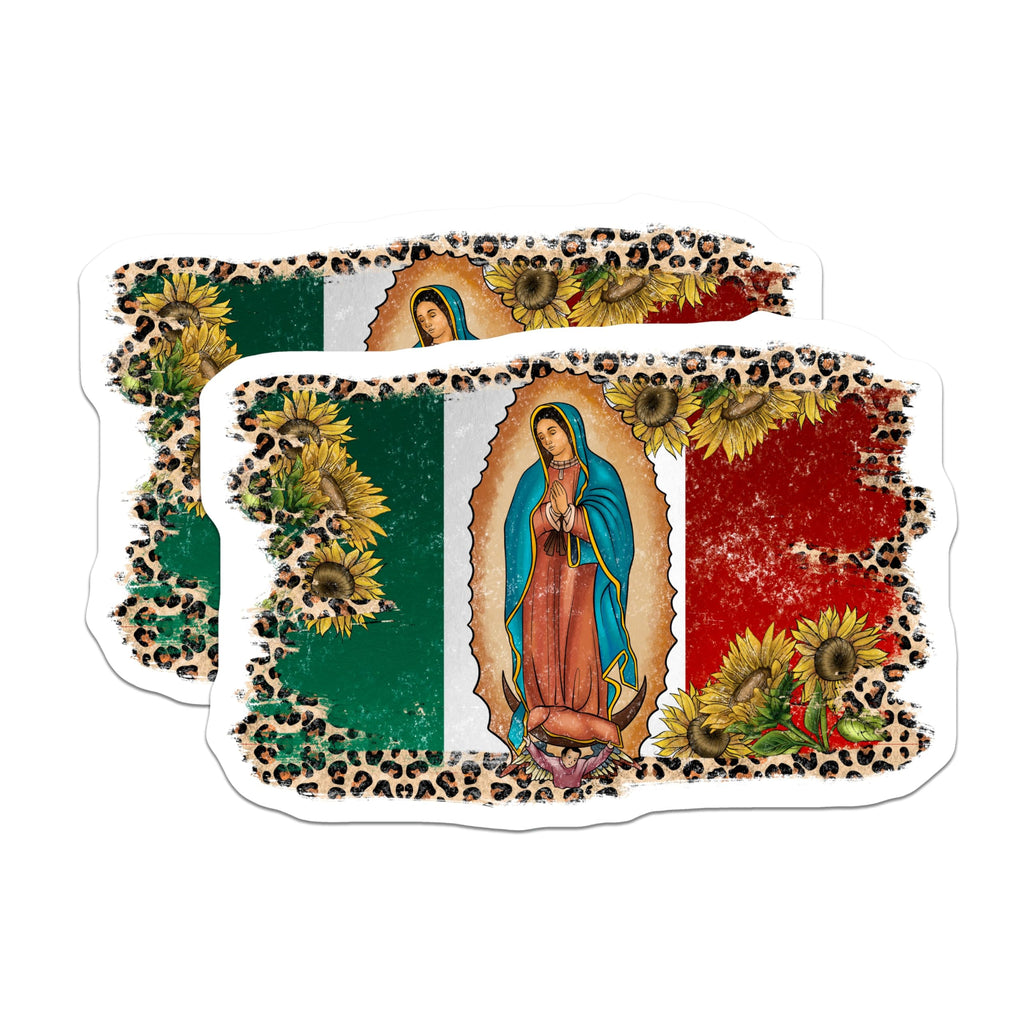(2 Pack) Virgen de Guadalupe Mexican Flag Magnets - Our Lady Catholic Boho Decor - Leopard Print Sunflowers Spiritual Art - 5 Inches On Longest Side - Thick Durable Magnet - Made in USA - MAG27368