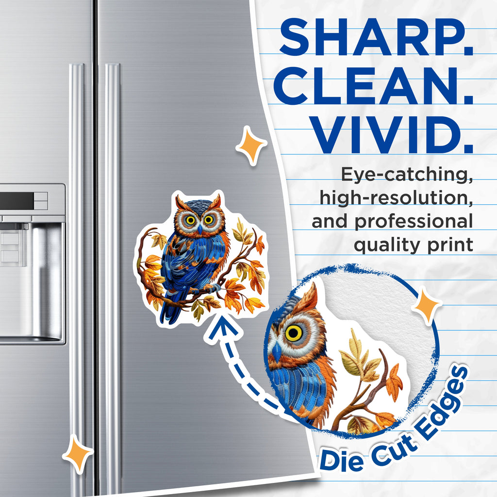 (2 Pack) Woodland Owl Magnets - Faux Embroidery Wise Bird Art - Autumn Nature Decor Fridge Locker - 5 Inches On Longest Side - Thick Durable Magnet - Made in USA - MAG38248