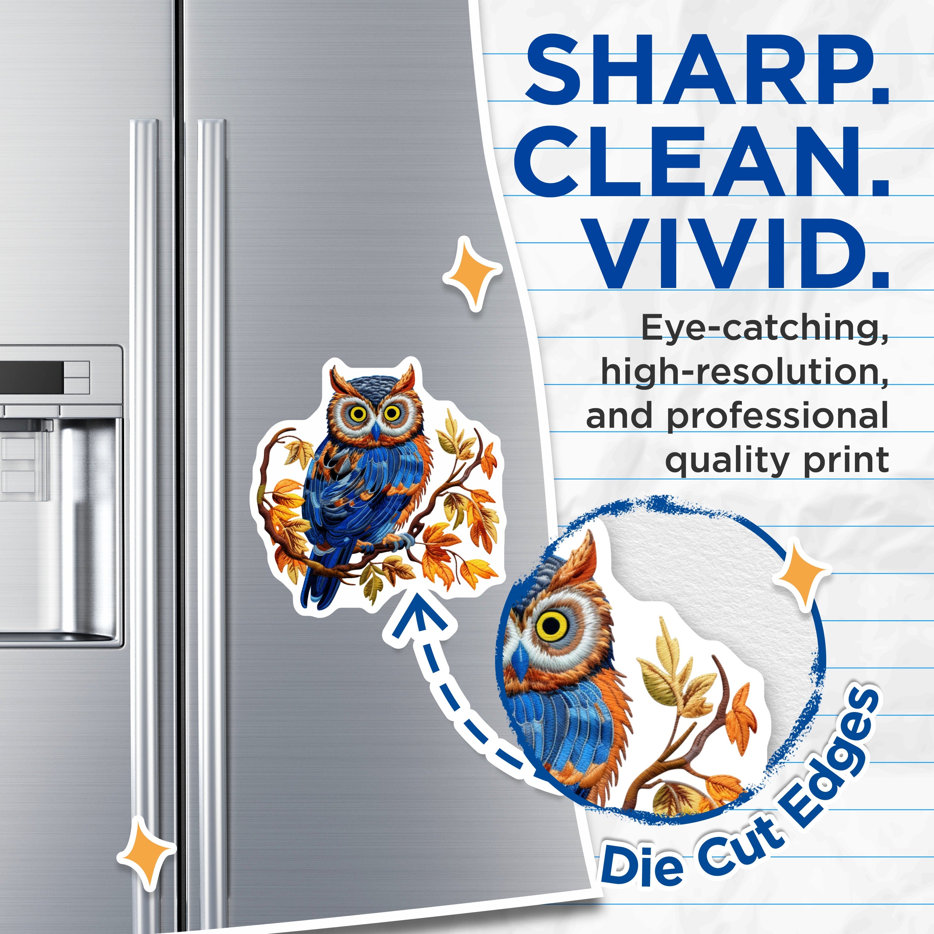 (2 Pack) Woodland Owl Magnets - Faux Embroidery Wise Bird Art - Autumn Nature Decor Fridge Locker - 5 Inches On Longest Side - Thick Durable Magnet - Made in USA - MAG38248