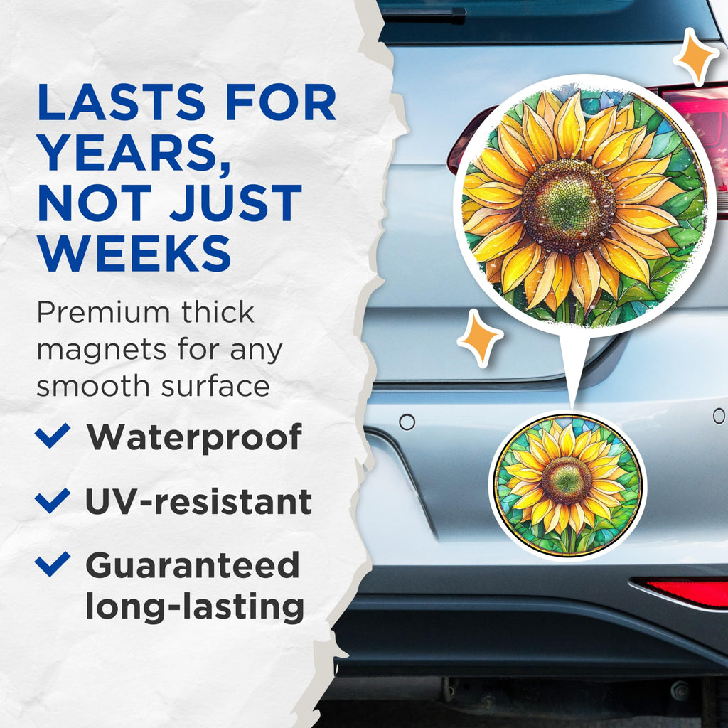 (2 Pack) Stained Glass Sunflower Magnets - Floral Kitchen Decor - Cheerful Fridge Accessory - Sunny Garden Art - 5 Inches On Longest Side - Thick Durable Magnet - Made in USA - MAG25314