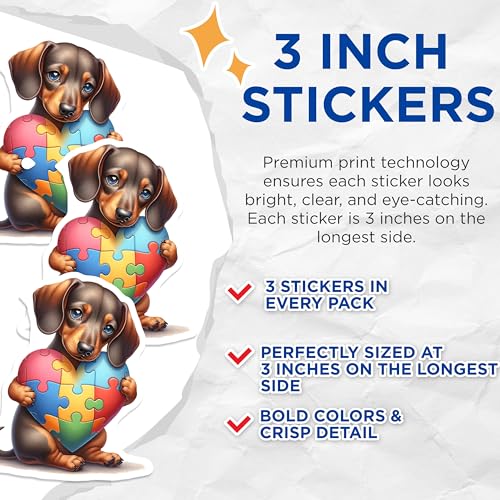 (3 Pack) Dachshund Dog Decals - Autism Awareness Puzzle Heart - Cute Pet Laptop Decal - 3 Inches On Longest Side - Easy Peel & Apply - Made in USA - 3MCS8232