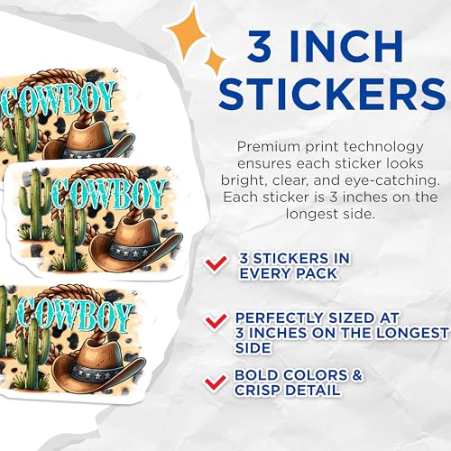 (3 Pack) Cowboy Decals - Western Decal - Cactus Decals - 3 Inches On Longest Side - Easy Peel & Apply - Made in USA - 3MCS1925