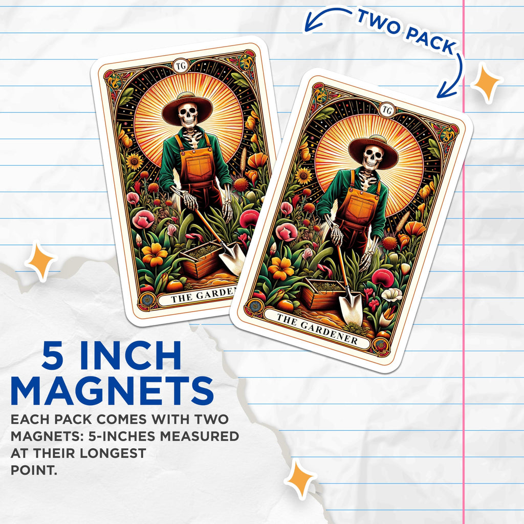 (2 Pack) Skeleton Gardener Magnets - Tarot Card Style Art - Macabre Botanical Decor - Whimsical Garden Skull Art - 5 Inches On Longest Side - Thick Durable Magnet - Made in USA - MAG20241