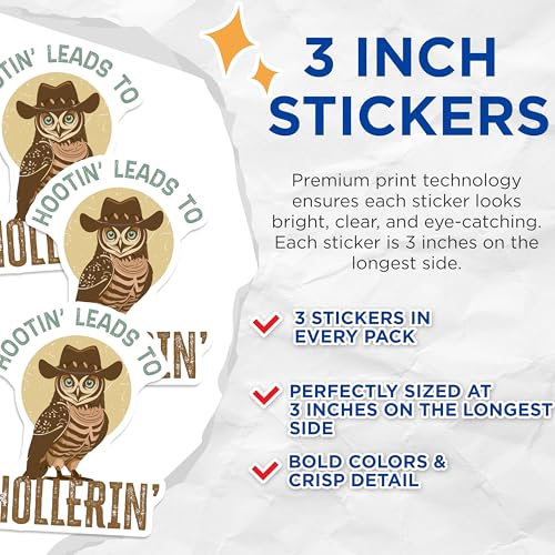 (3 Pack) Cowboy Owl Decals - Funny Animal Stickers - Hootin Hollerin Decals - 3 Inches On Longest Side - Easy Peel & Apply - Made in USA - 3MCS2271