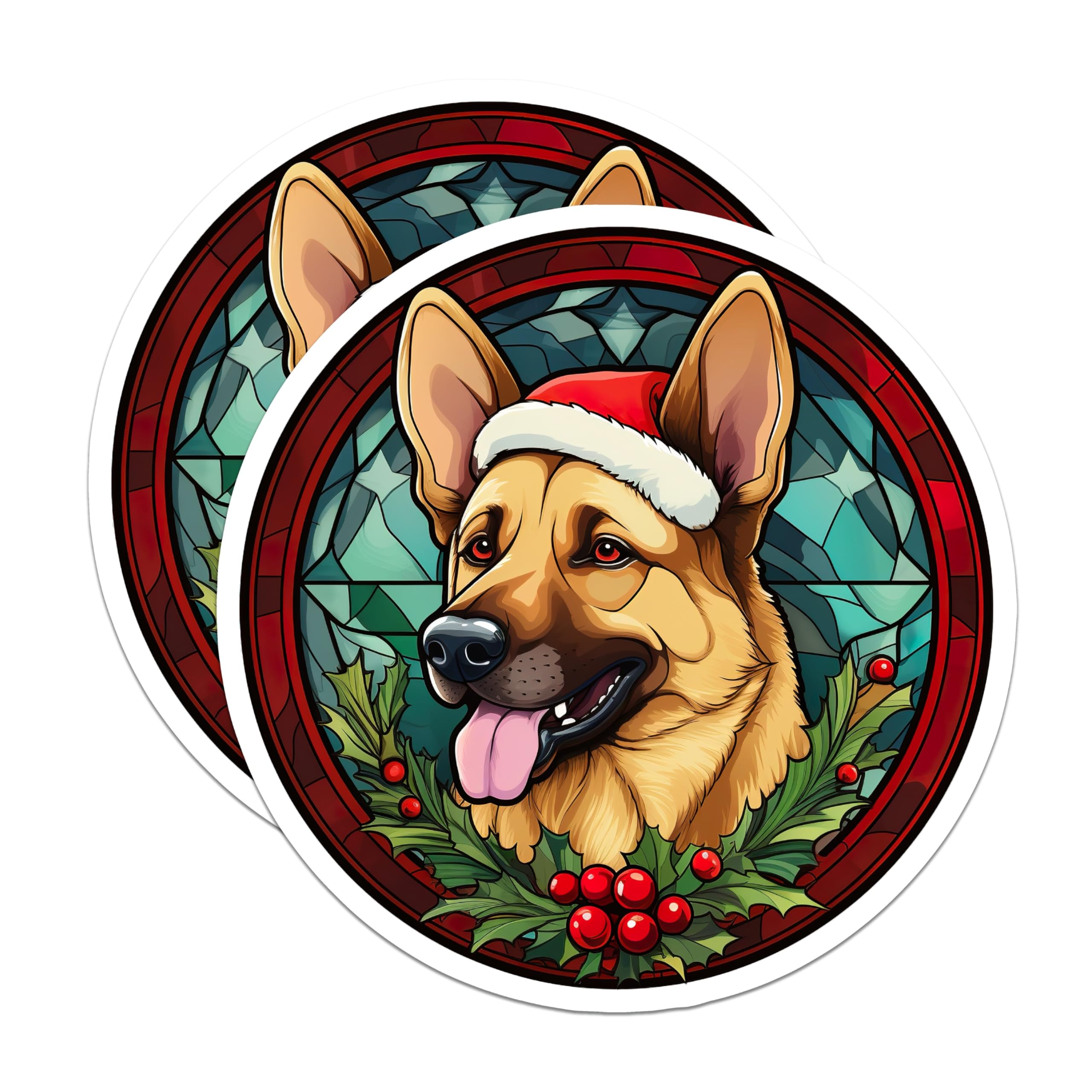 (2 Pack) German Shepherd Christmas Magnets - Festive Stained Glass Dog Art - Pet Lover Holiday Decor - 5 Inches On Longest Side - Thick Durable Magnet - Made in USA - MAG30724