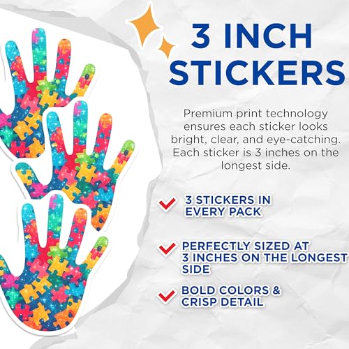 (3 Pack) Autism Awareness Decals - Puzzle Hand Decals - Laptop Decal - Colorful Puzzle Piece - 3 Inches On Longest Side - Easy Peel & Apply - Made in USA - 3MCS6655