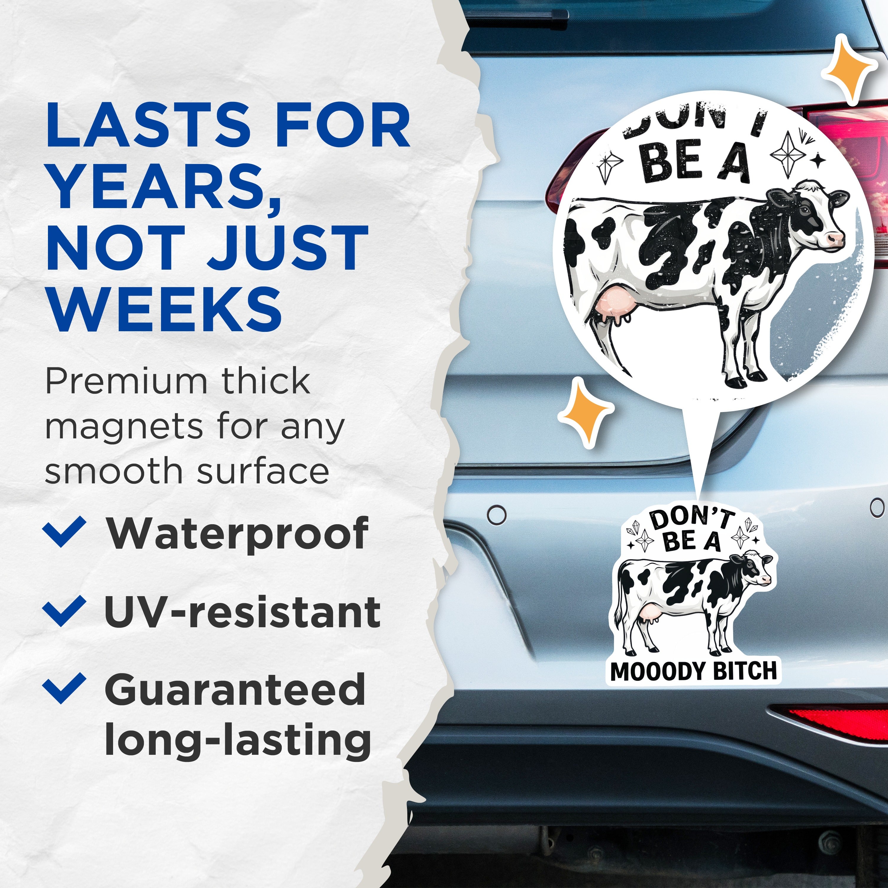 (2 Pack) Moody Cow Magnets - Funny Refrigerator Sarcastic Farm Animal Decor - Adult Humor Kitchen Present Idea - 5 Inches On Longest Side - Thick Durable Magnet - Made in USA - MAG36655
