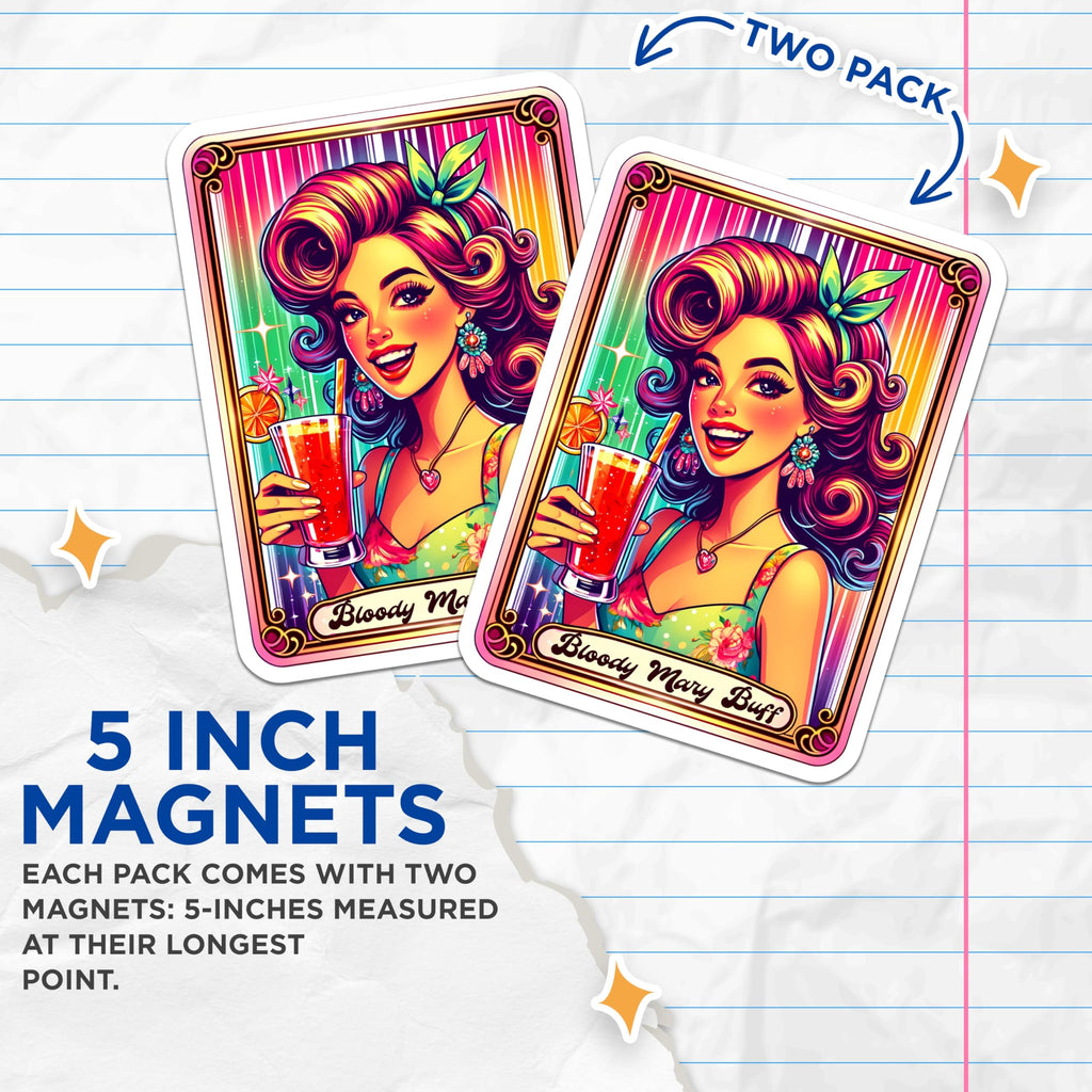 (2 Pack) Bloody Mary Buff Magnets - Retro Pin Up Girl Art - Cocktail Lover Kitchen Decor - Vibrant Bar Magnet Set - 5 Inches On Longest Side - Thick Durable Magnet - Made in USA - MAG22001