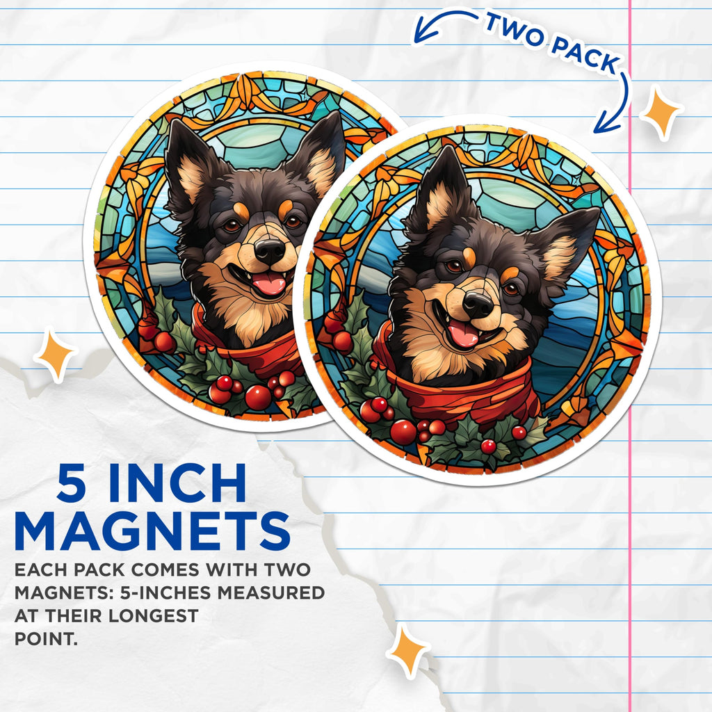 (2 Pack) Stained Glass Dog Magnets - Christmas Pomeranian Art - Festive Pet Lover Decor - Winter Holiday Home Accent - 5 Inches On Longest Side - Thick Durable Magnet - Made in USA - MAG24067